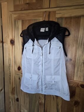 White Sleeveless Zip-Up Hoodie Vest with Black Hood